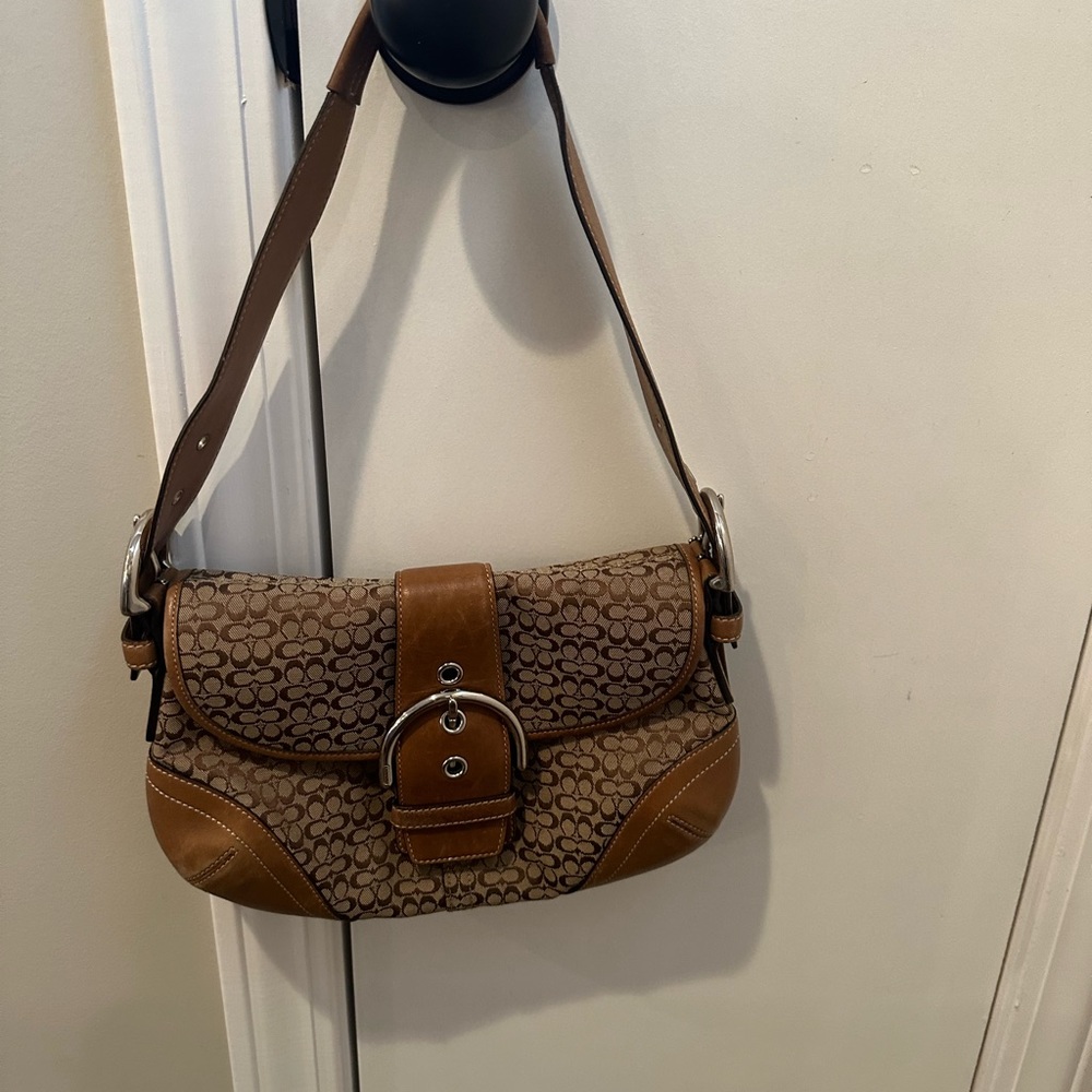 COACH brown jacquard signature logo hobo brown leather shoulder bag